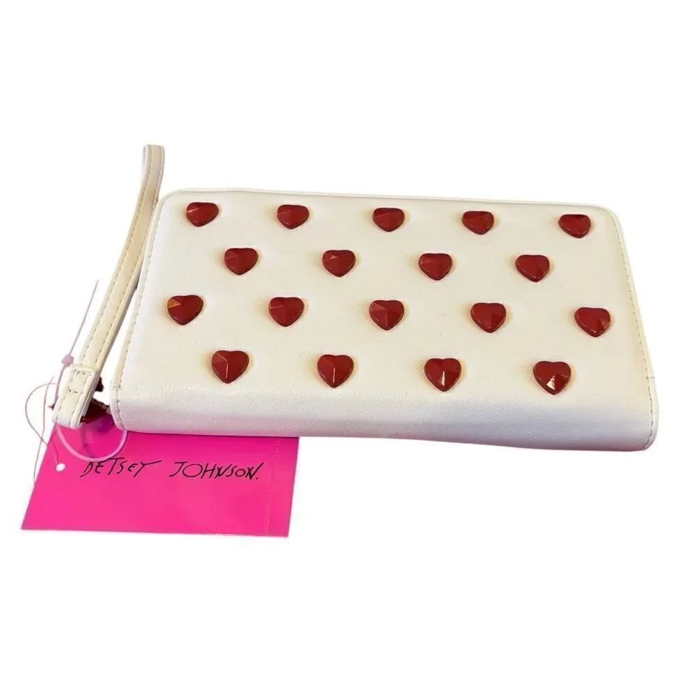 Betsey Johnson White Wallet/Wristlet with Red Studded Hearts.